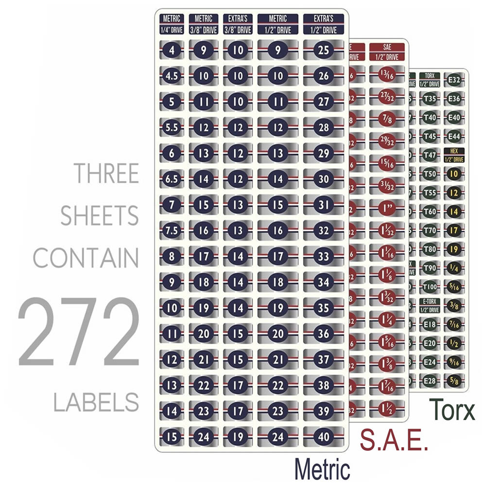 SOCKET SET IDENTIFICATION TOOL LABEL stickers METRIC SAE,TORX DRIVE 3 sheets
